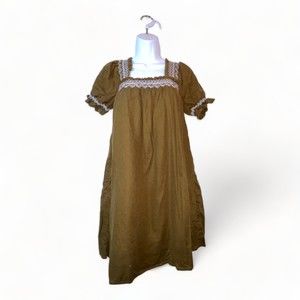 Madewell Womens Smocked Neck Linen Olive Green Puff-Sleeve Mini Dress Sz XS